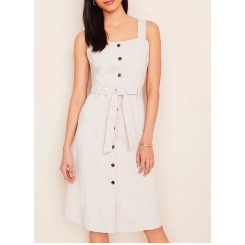 Ann Taylor Square Neck Belted Button Front Utility Dress White Grey Cream Size 2